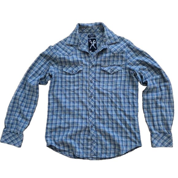 Marc Ecko Shirt Mens Medium Navy Plaid Long Sleeve medium A001237 - Picture 1 of 10